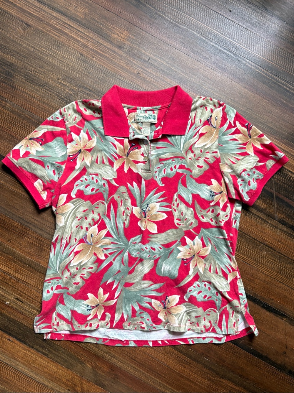 Vintage Red Floral Polo Top with Green Leaf Print